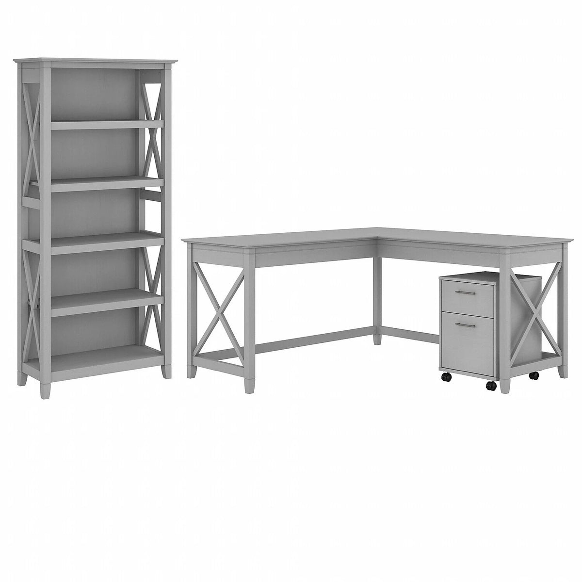 L Shaped Desk with 2 Drawer File Cabinet and 5 Shelf Bookcase A17220