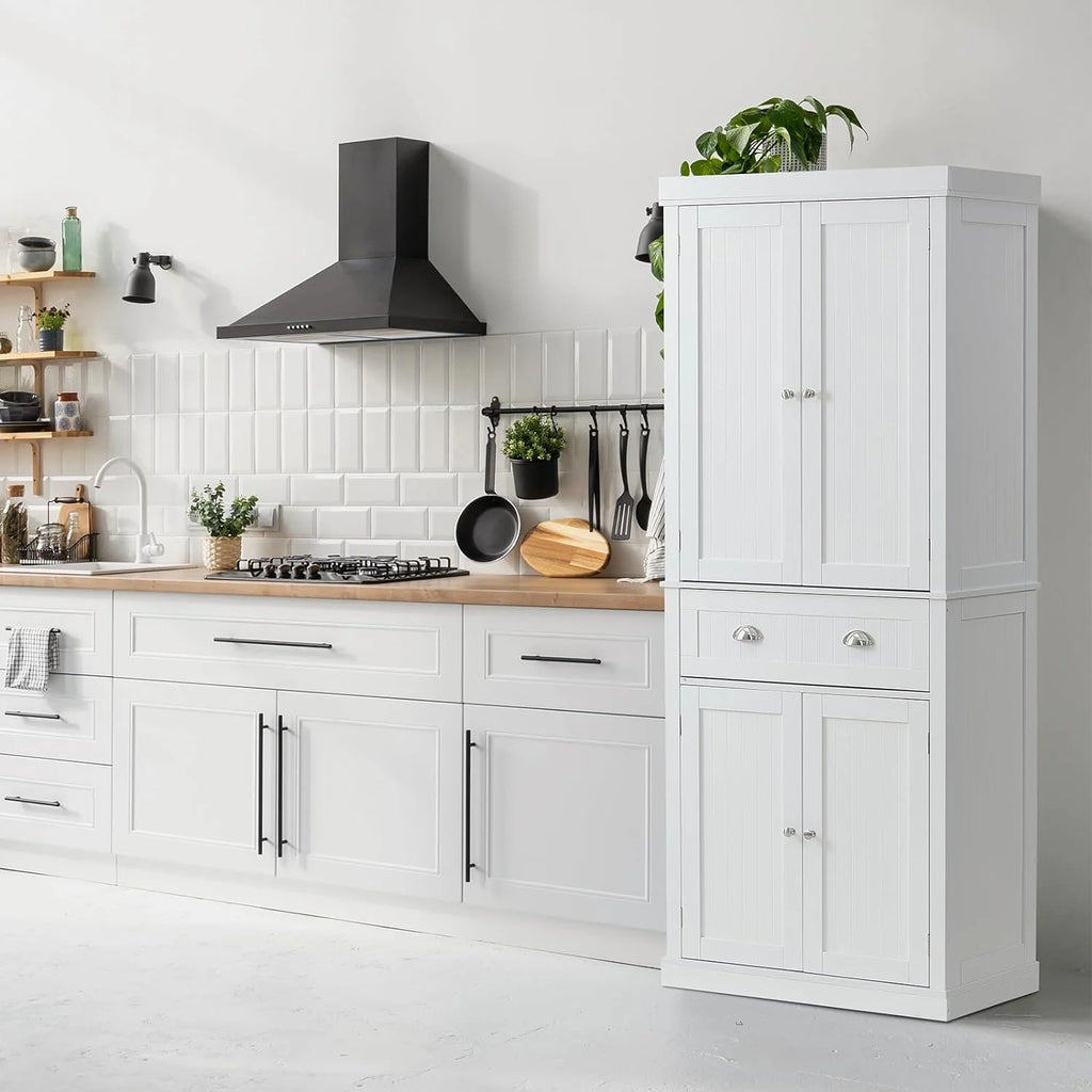 72" Pearl White Utility Cabinet with Doors Drawer and 3 Adjustable Shelves V3183