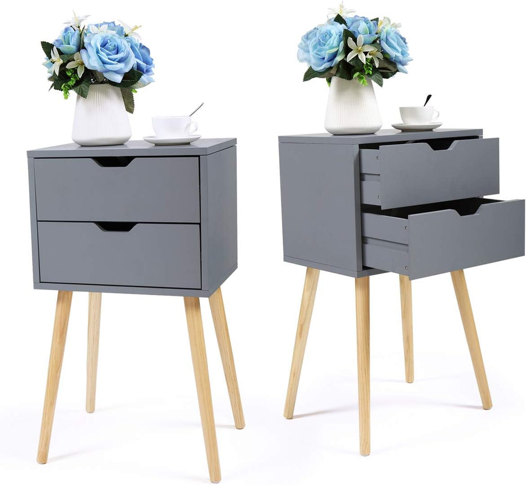 Grey Wood 2 Drawer Nightstand End Table D148