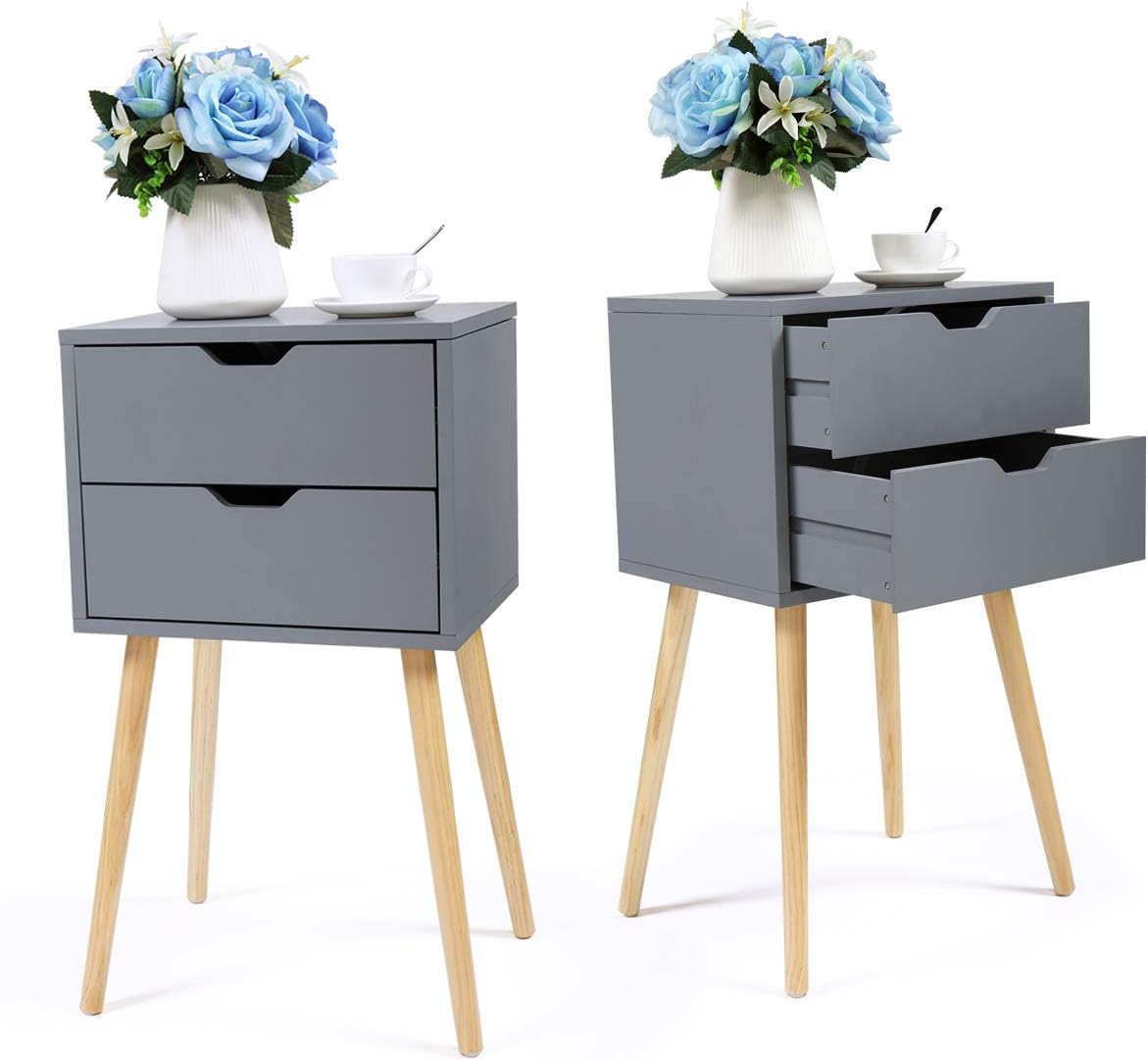 Grey Wood 2 Drawer Nightstand End Table D148