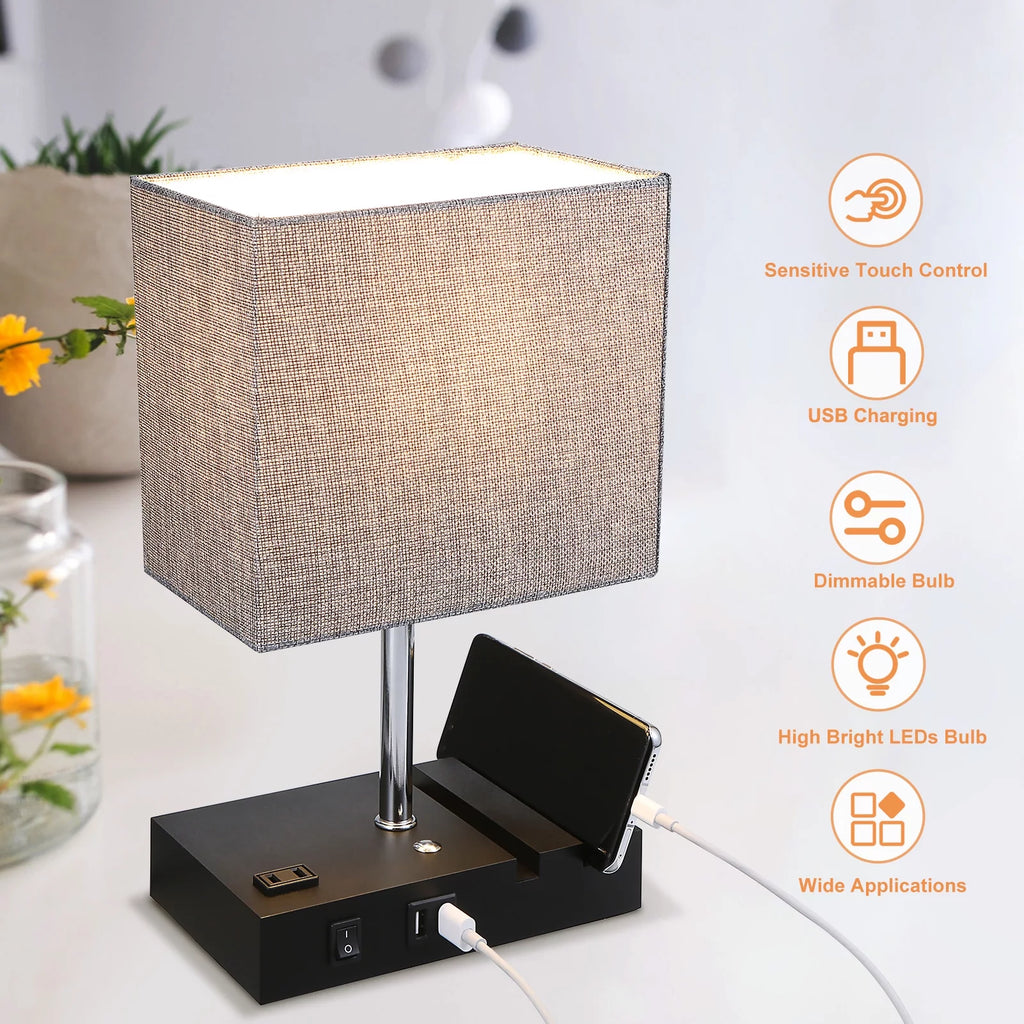 Bedside Table Lamp with USB Charging Ports and AC Outlets J763