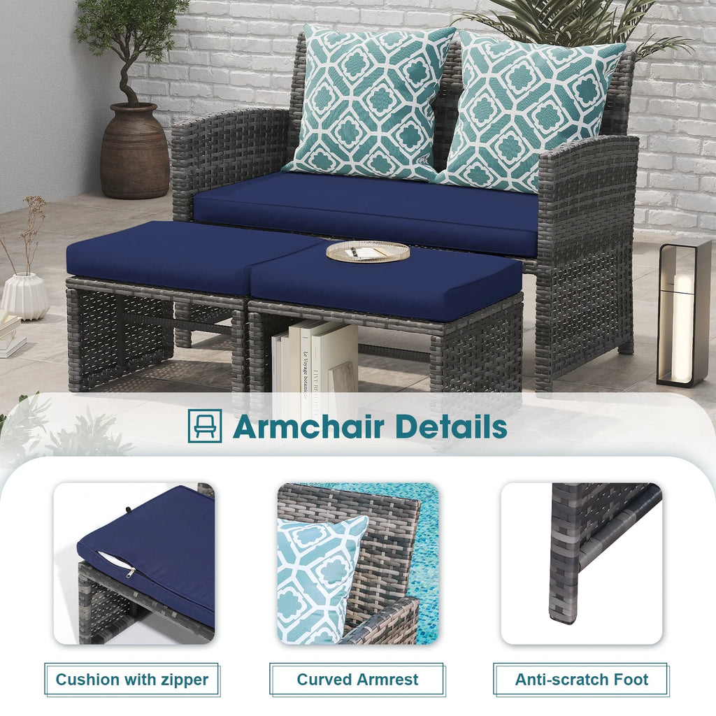 Grey Wicker Outdoor Loveseat with Ottoman and Pillows R6484