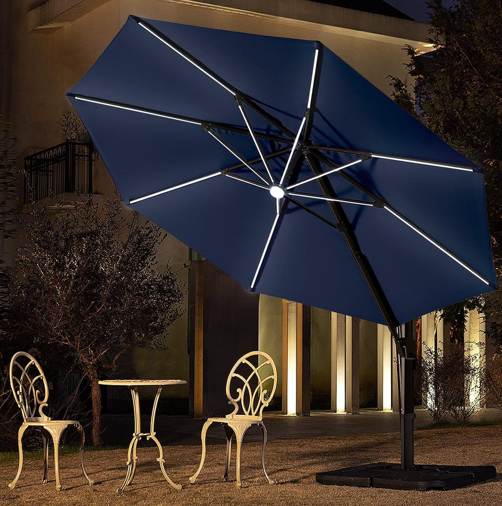 Beige 10 FT Solar Offset Patio Umbrella with LED Lights I14807