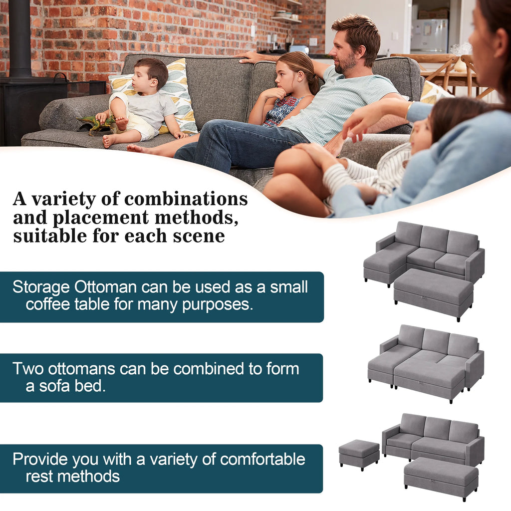 L Shaped 4 Seat Sectional Sofa with Storage Ottoman S37318