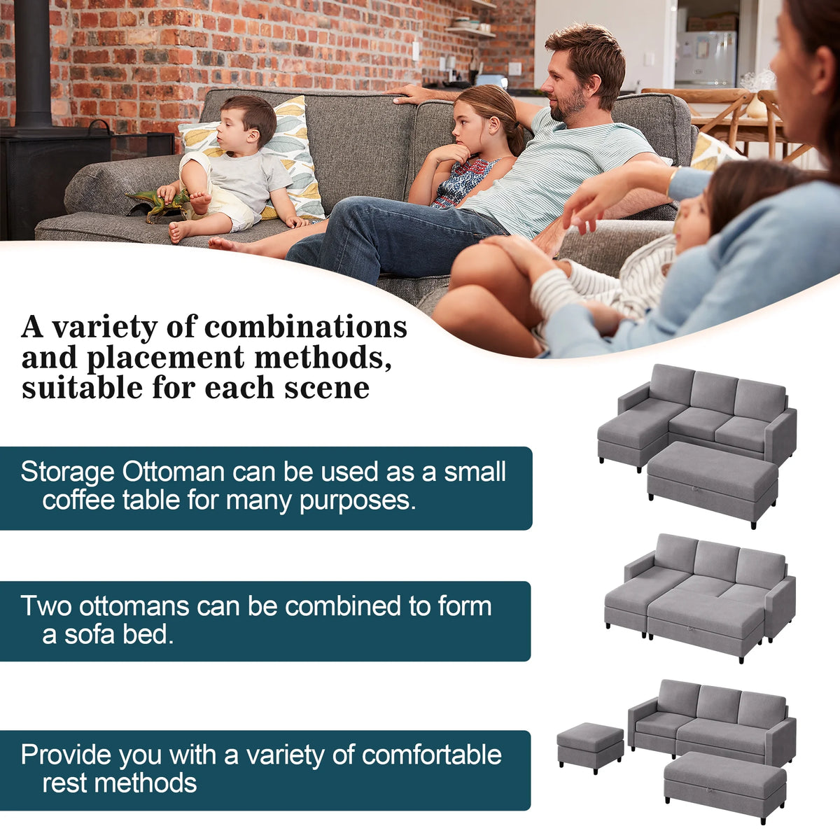 L Shaped 4 Seat Sectional Sofa with Storage Ottoman S37318