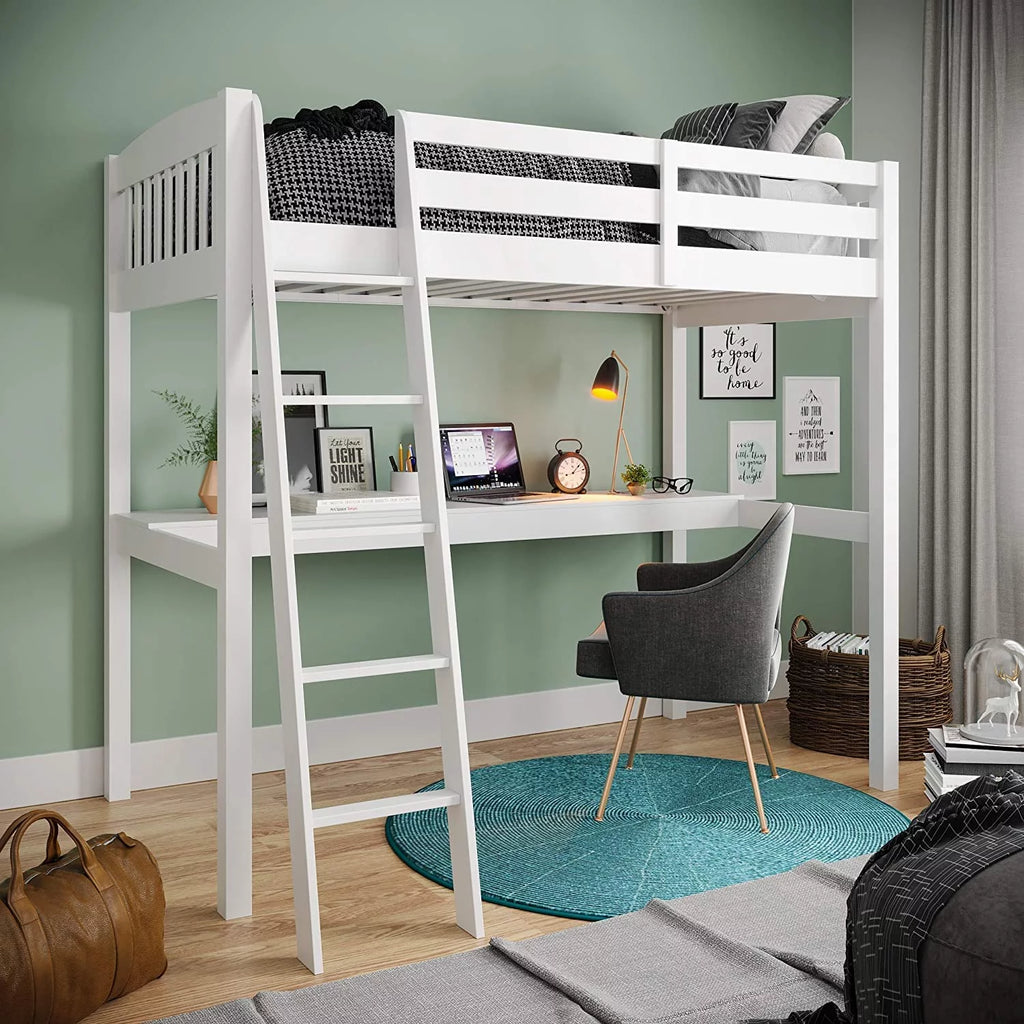 Solid Wood White Twin Size Loft Bed Frame with Desk & Stairs M9136