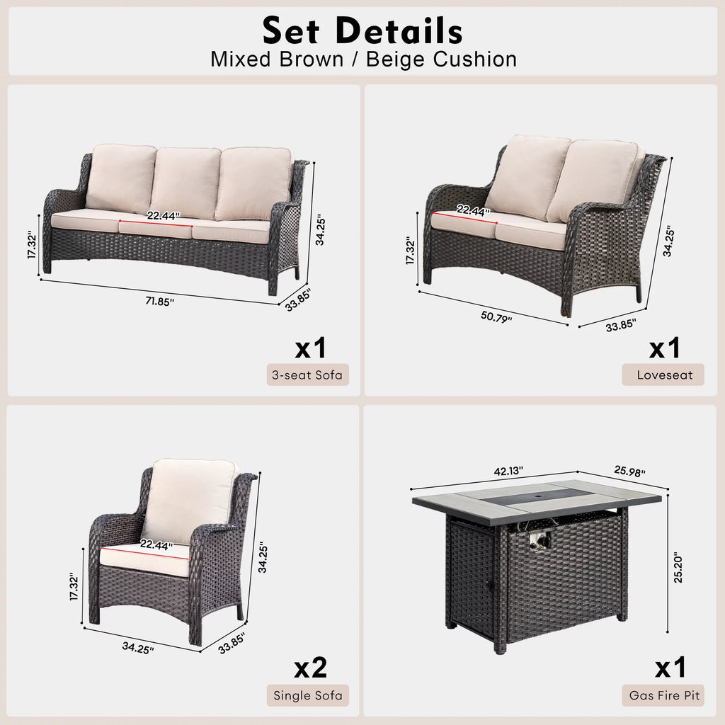 5 Pieces Wicker Patio Sectional Sofa with Fire Pit Table I57650