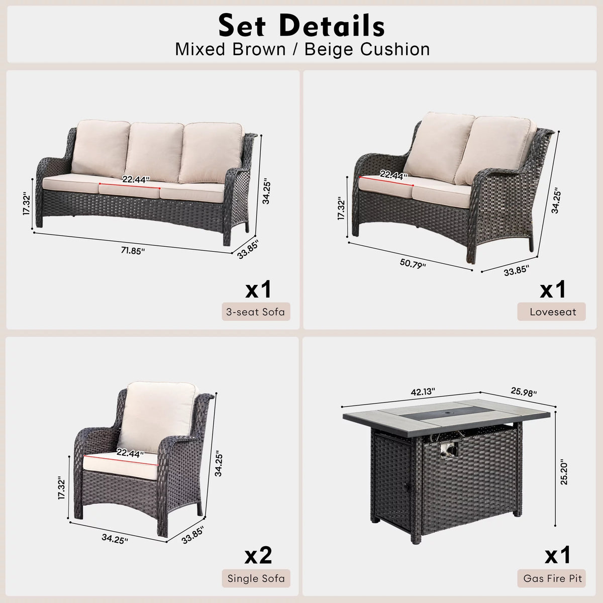 5 Pieces Wicker Patio Sectional Sofa with Fire Pit Table I57650