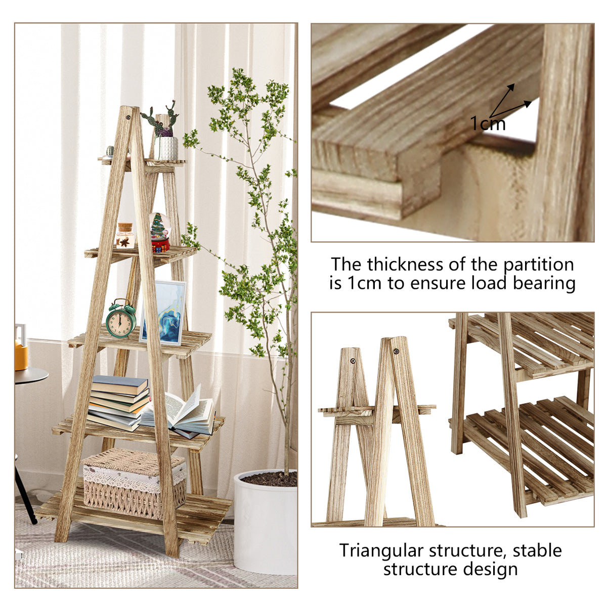 5-Tier Ladder Shelf Bookcase Storage Display Shelf Natural S37768