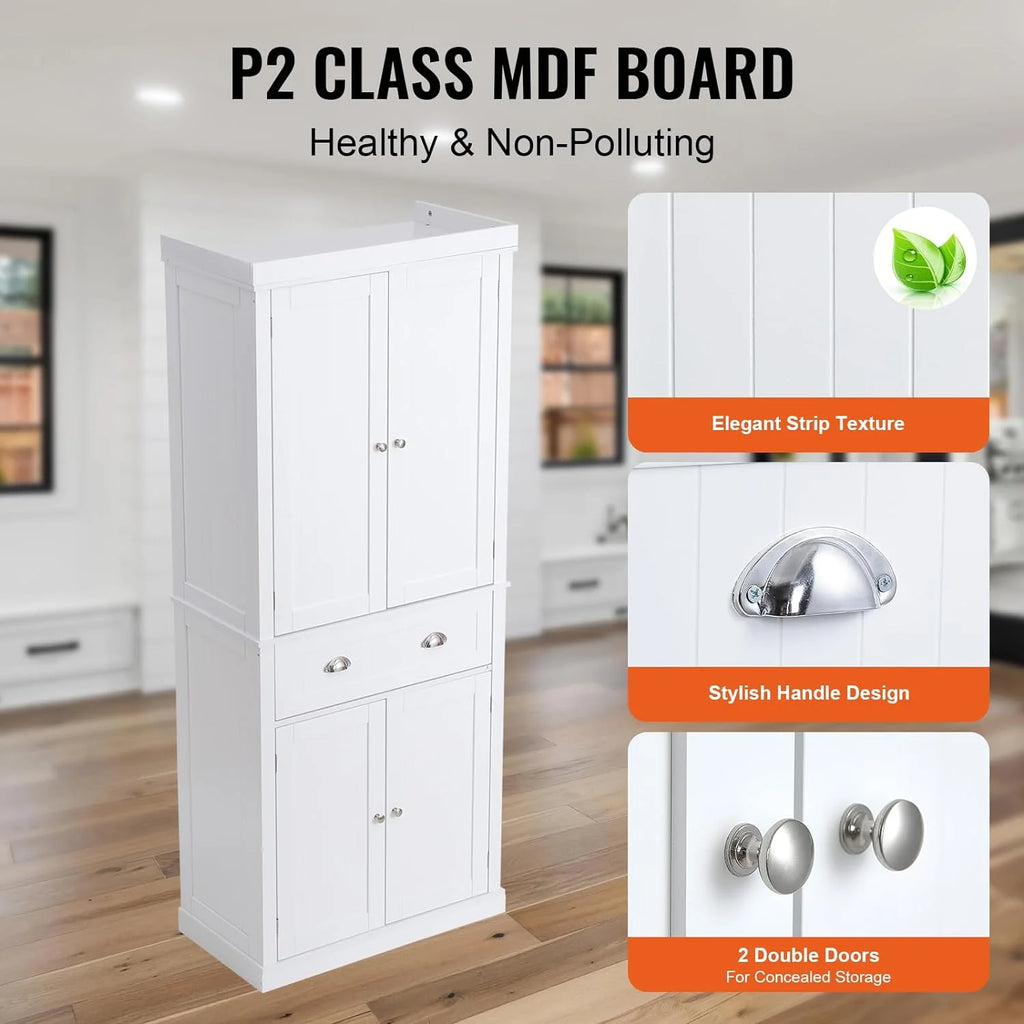 72" Pearl White Utility Cabinet with Doors Drawer and 3 Adjustable Shelves V3183