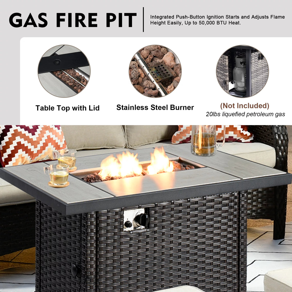 5 Pieces Wicker Patio Sectional Sofa with Fire Pit Table I57650