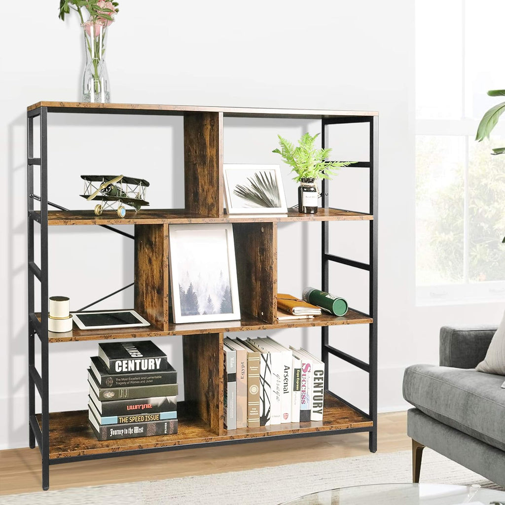 Rustic Brown 3-Tier Bookcase with Open Storage Shelves E630